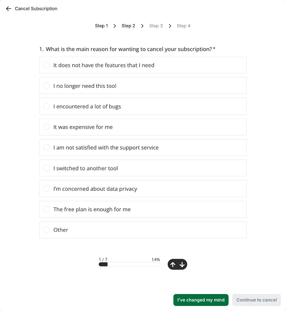 An image showing a short survey we ask you to fill out before cancelling your plan