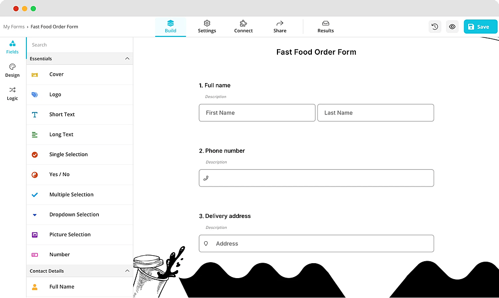 Add your fast food form questions