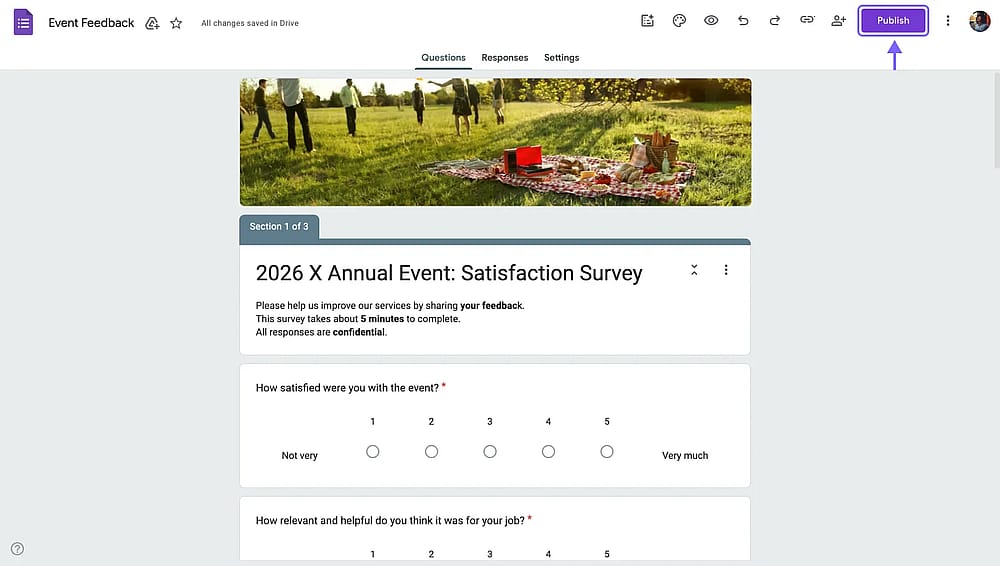 The “Publish” button on Google Forms