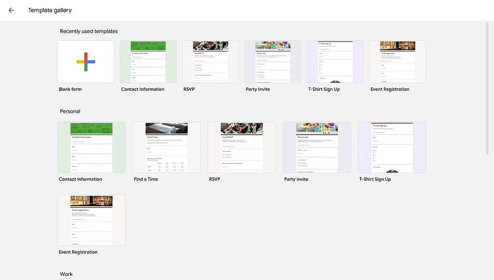 The template gallery in Google Forms