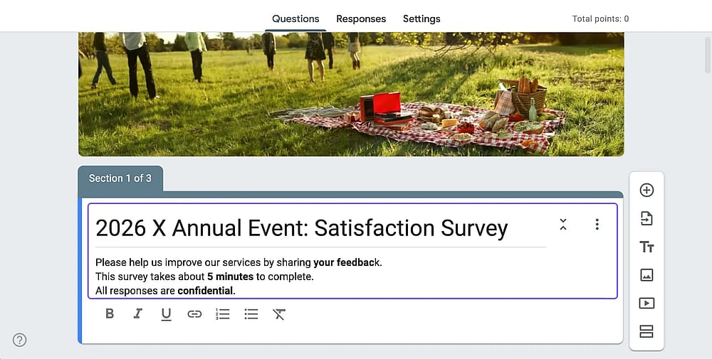 Example Google Forms title and description