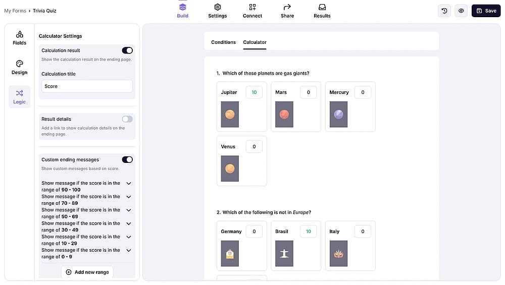 Add custom ending messages based on the quiz score