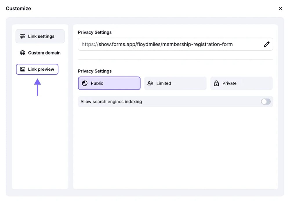 An image showing the “Link preview” section you need access to in the Customize tab