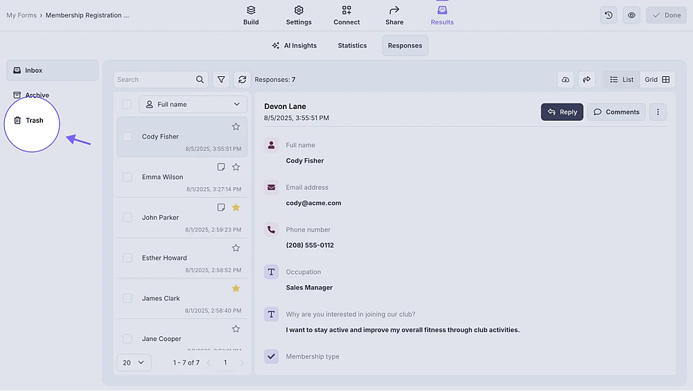 An image highlighting the Trash folder in the left menu, where you can find your deleted responses
