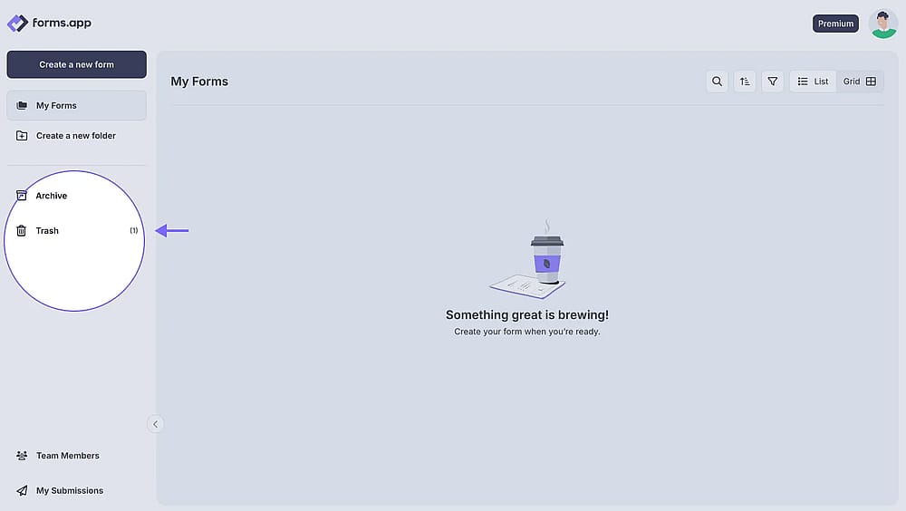 An image highlighting the Trash folder from the left sidebar on your Dashboard