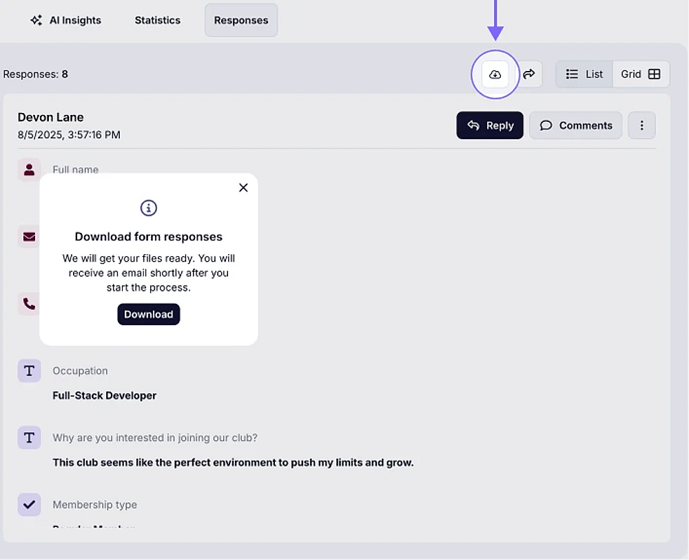 An image showing the Download icon you need to press to start the downloading of your responses