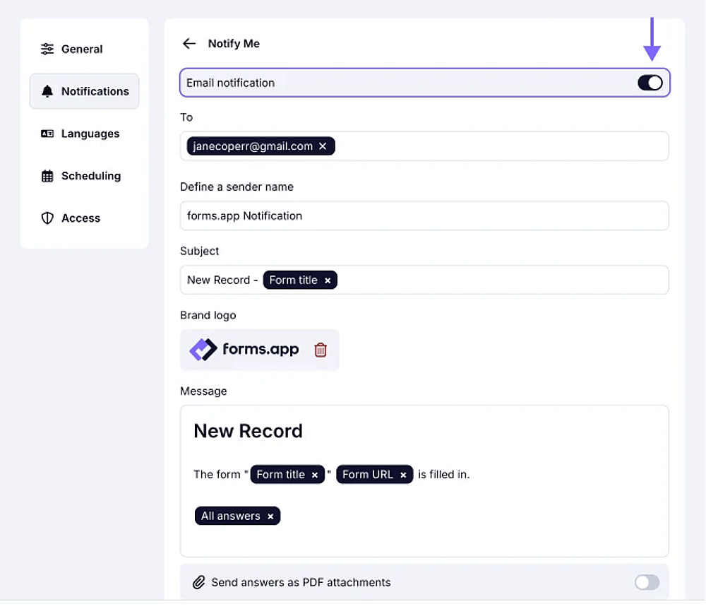 An image showing turning on the “Send email to the submitter” toggle in the “Notify Respondents” section