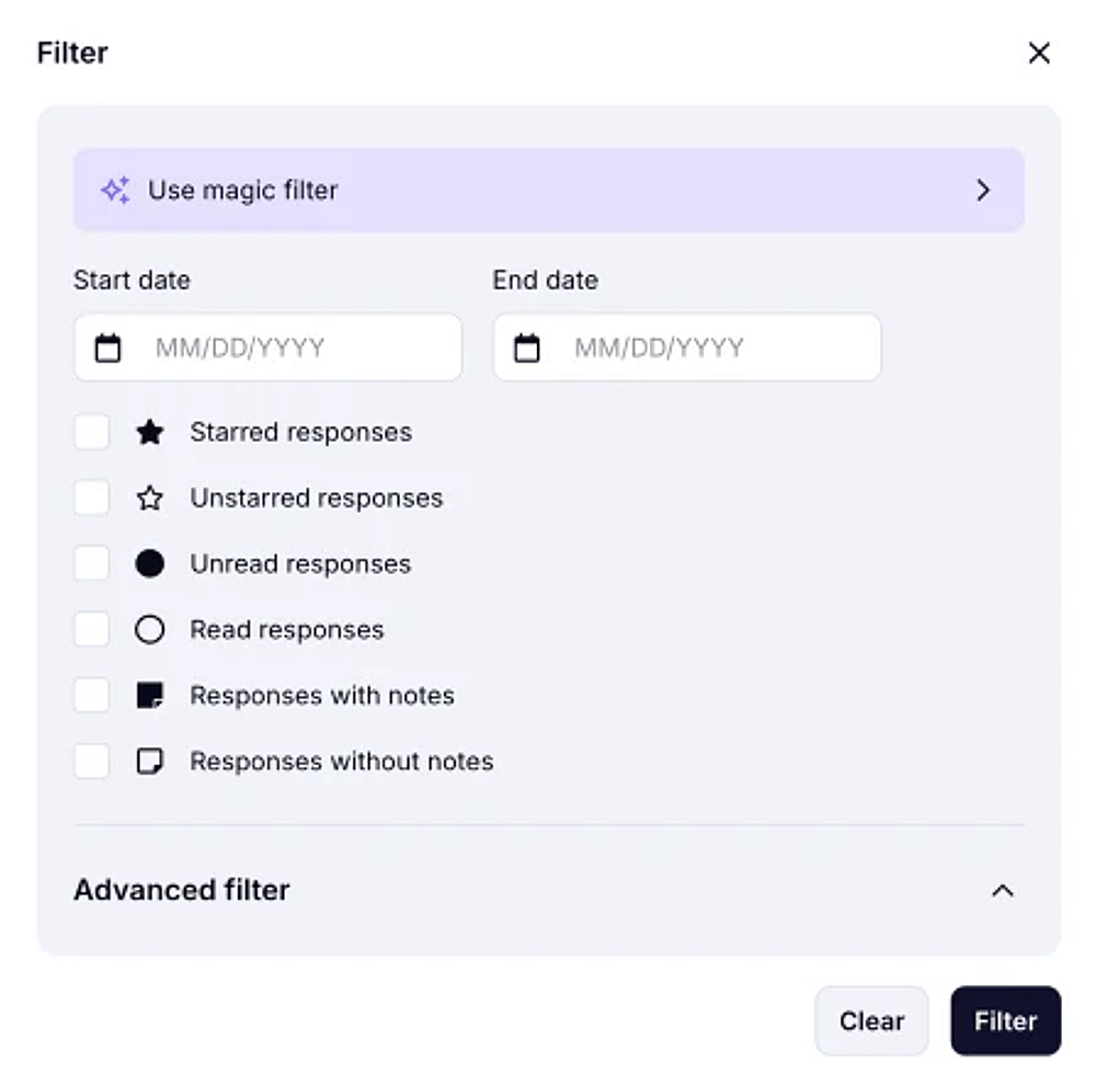 An image showing the filtering options appearing once you press the “Filter” button