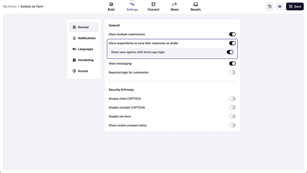 An image showing the “Save as a draft” with the “forms.app login” option enabled in your form settings tab