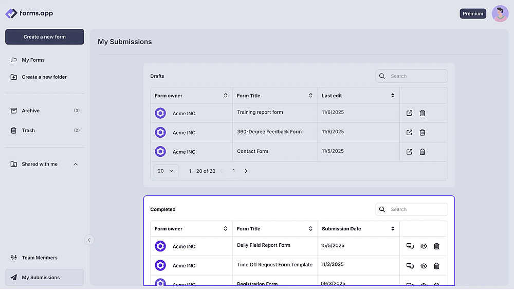 An image showing the area where your completed form submissions are located