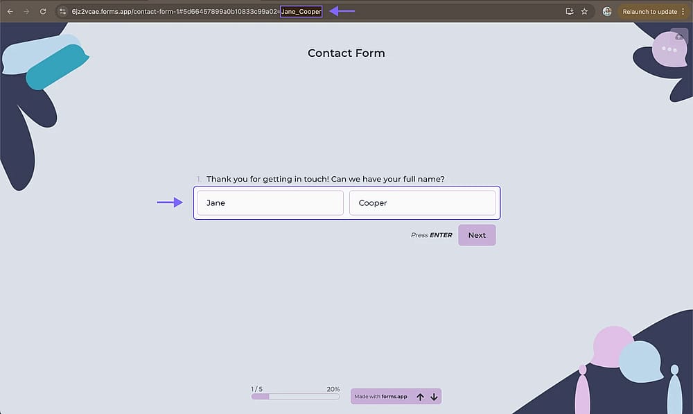 An image showing an example of the pre-filled “Full name” field and its changed URL