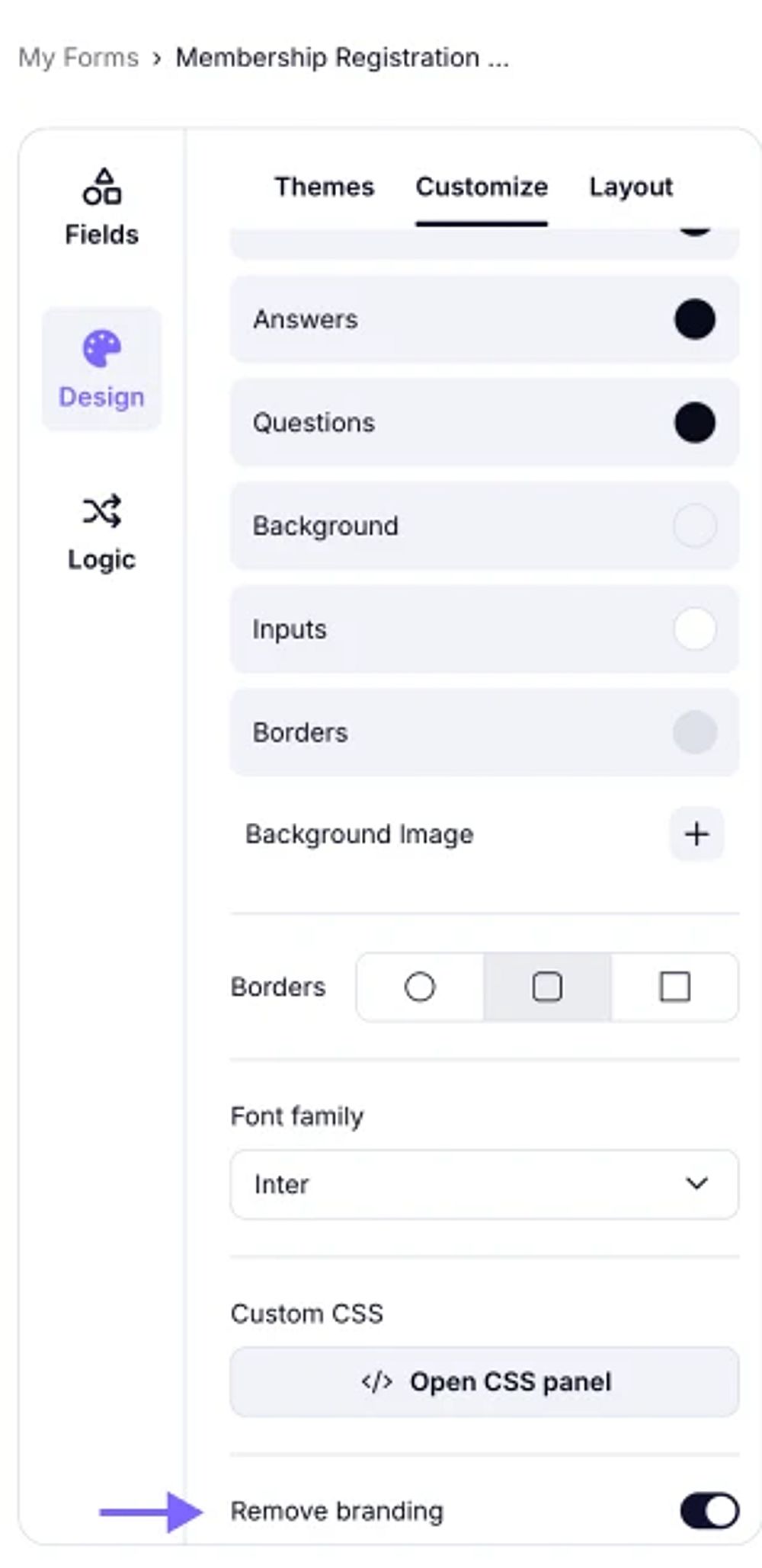 An image highlighting the “Remove branding” toggle in the “Customize” area, which you need to turn on