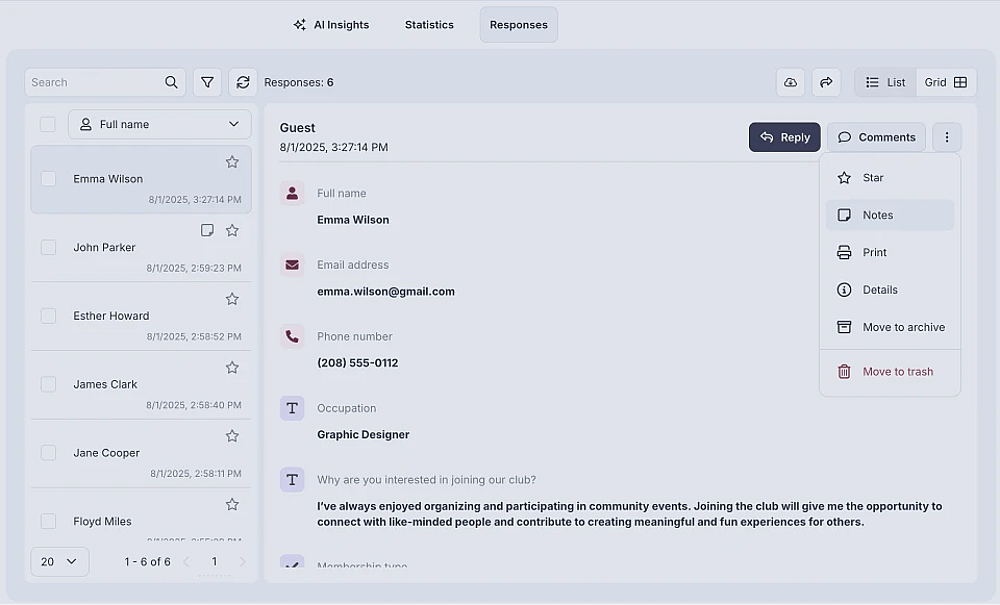 An image showing the Notes option, which you can find by pressing the three-dot menu of the specific response