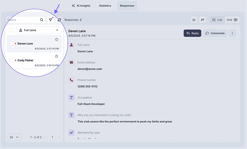 An image showing the Filter section, which you can access by pressing the button next to the search bar