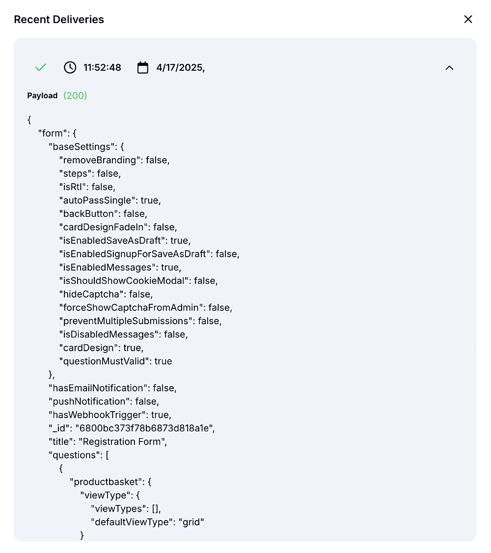 Test integration and check the data payload structure