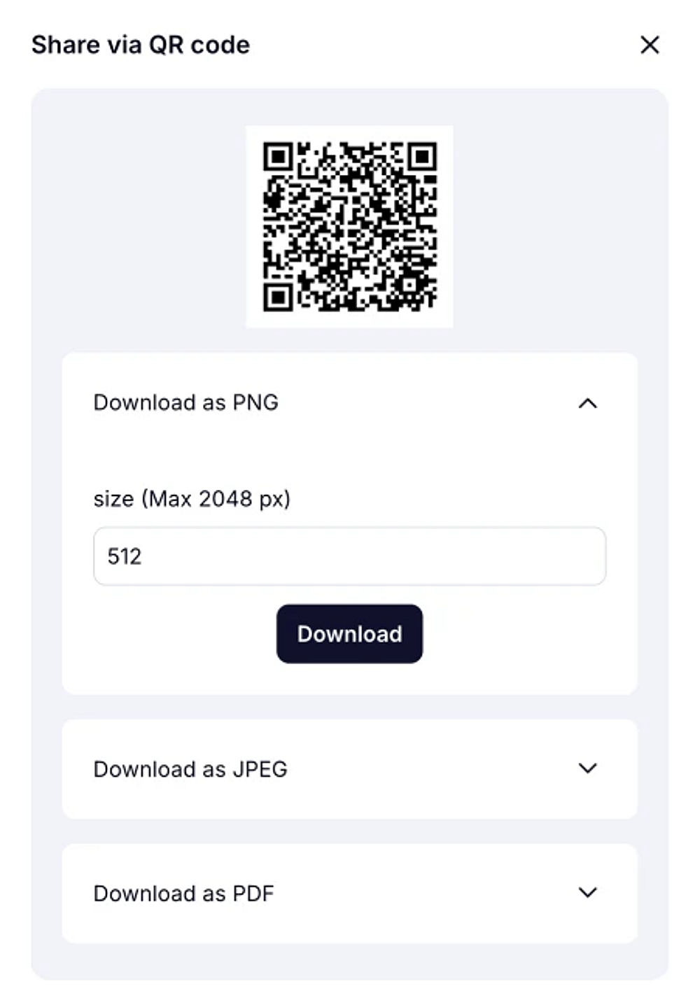 An image showing the options of changing the size of your QR code file and formatting options