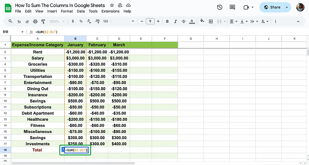 Función AutoSum de Google Sheets