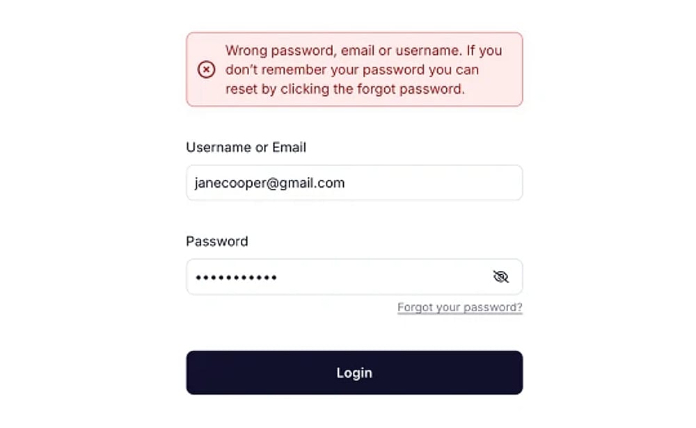 An image showing an example of a warning message when you enter the incorrect username or email address