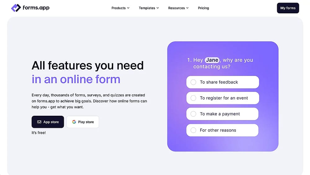 Features page of forms.app