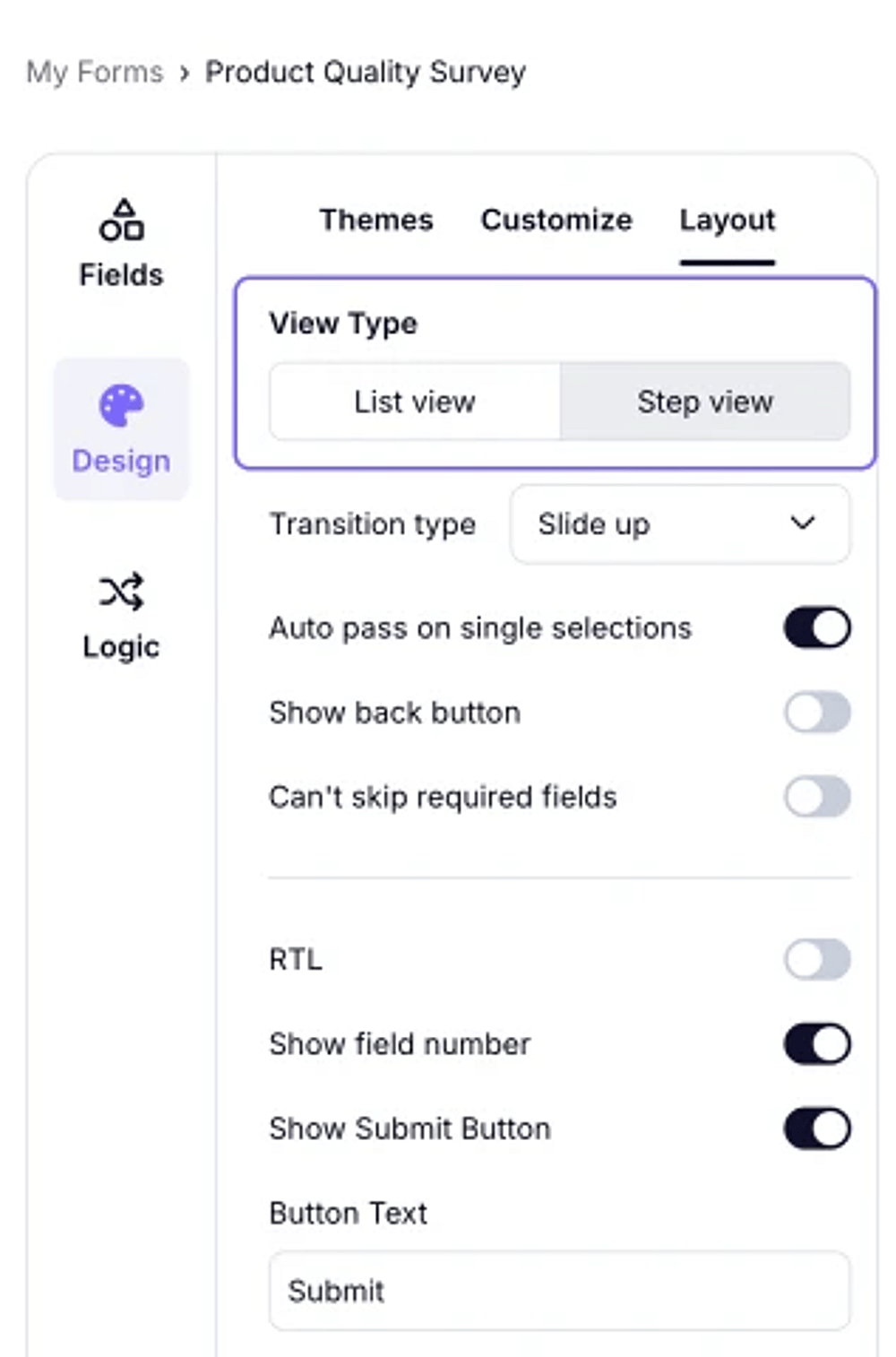 An image showing where you can change your form view by accessing the Design tab and going to the Layout section