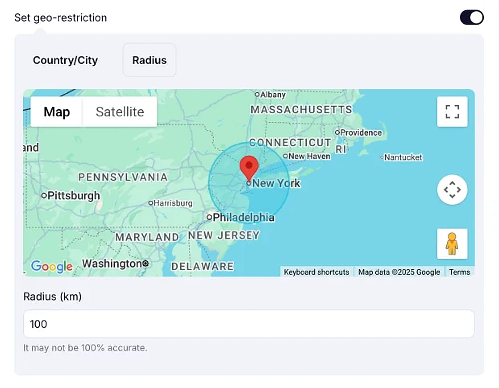 An image showing an option of selecting a custom radius for the geo-restriction