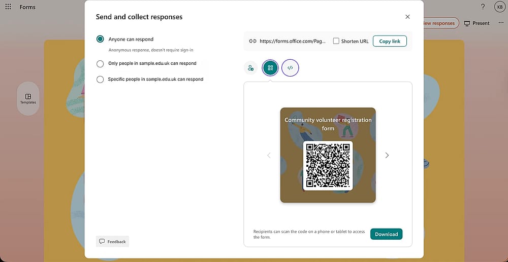 Formu QR kodu olarak paylaşın veya yerleştirin