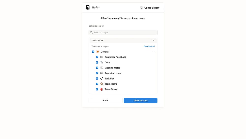 An image showing the page where you will need to select the Notion pages to which you are going to grant access to