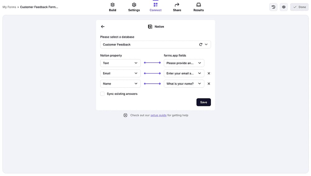 An image showing the integration settings, which allow you to match the Notion properties with your form fields