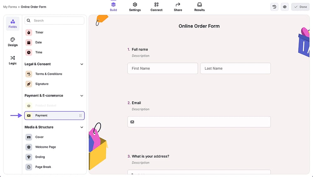 An image showing the field menu in the “Build” section, where you can select the “Payment field” option to easily add it to your form