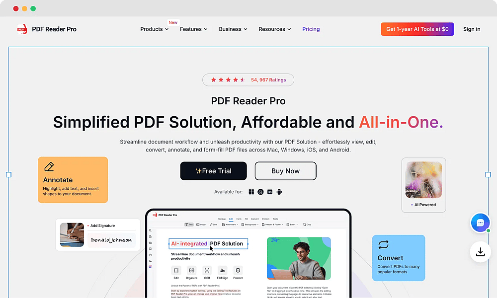 The homepage of PDF Reader Pro