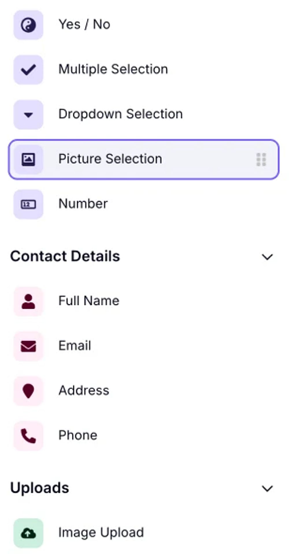 An image showing where the “Picture Selection” field is located in the field menu from within the “Build” section