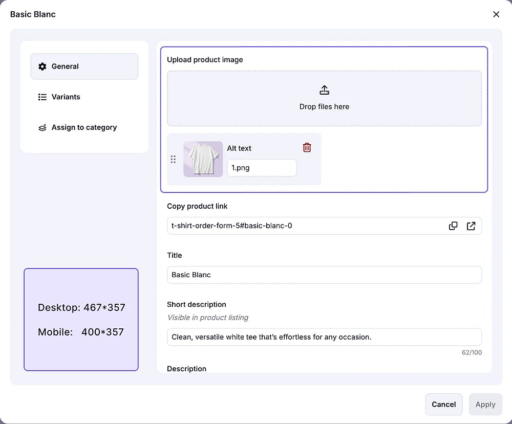 An image showing how to upload a product image and best dimensions for the product image
