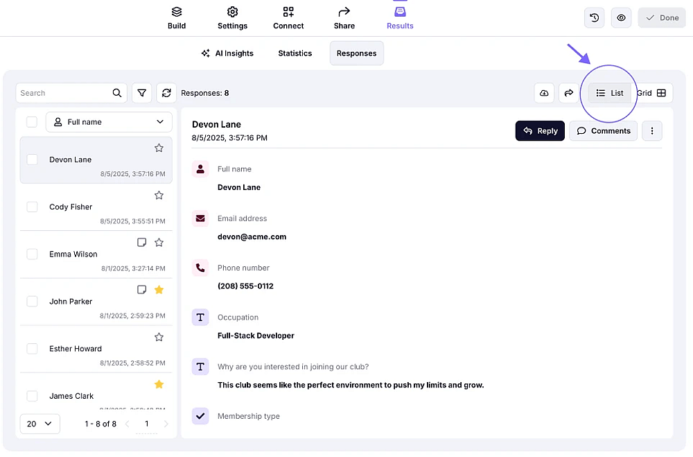 An image showing the Results tab with the List view enabled