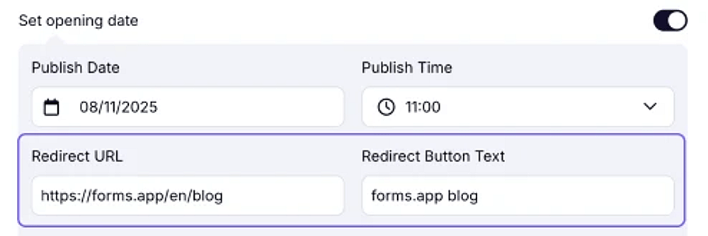 An image showing how you can edit your Redirect button text and the URL, where users will be redirected