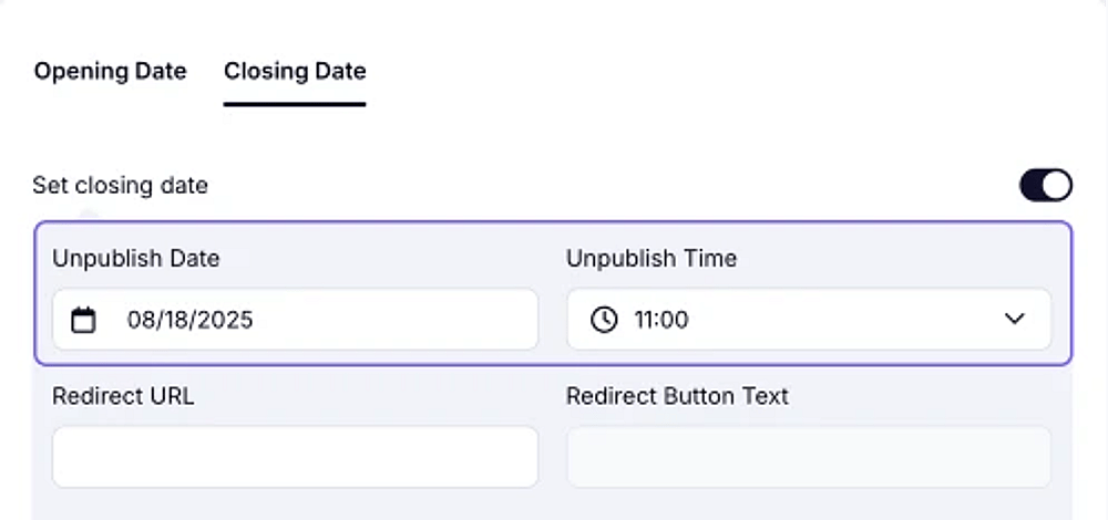 An image showing an example of an entered form’s unpublish date and time in the needed area