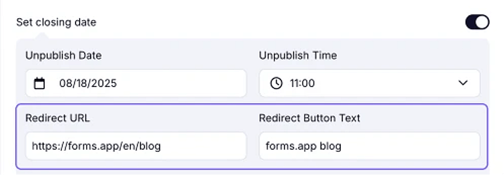 An image showing how you can edit your Redirect button text and the URL, where users will be redirected