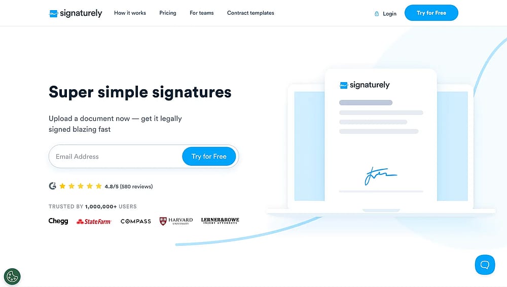 Homepage of Signaturely