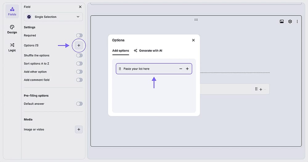 An image showing how you can paste a list of options to your field by opening the field settings