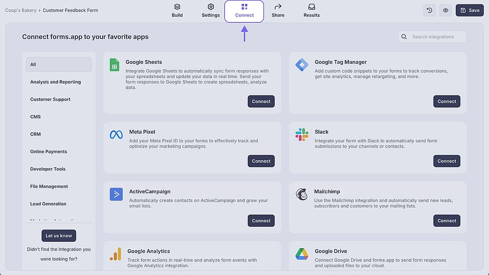 An image showing how you can access the “Connect” section after opening your form