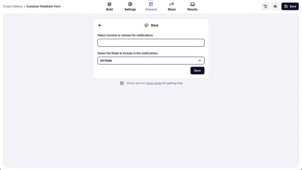 An image showing the areas from the “Connect” section where you need to select a Slack channel and form fields