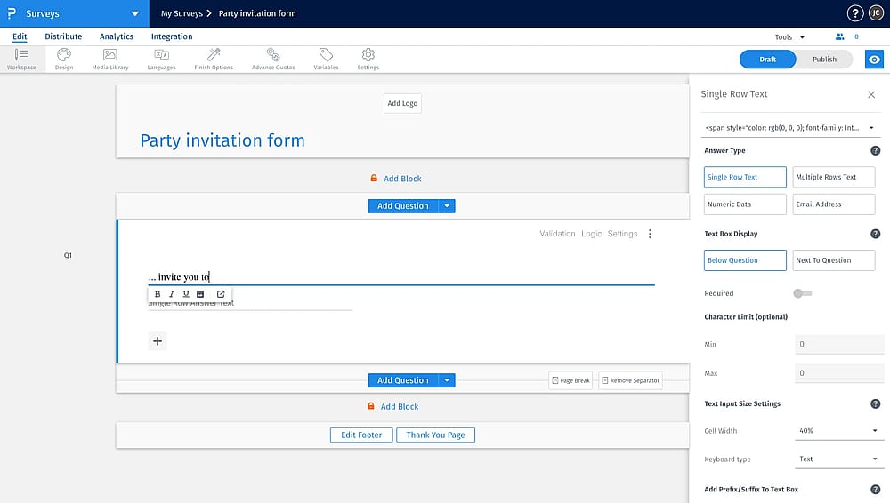 Workspace of QuestionPro