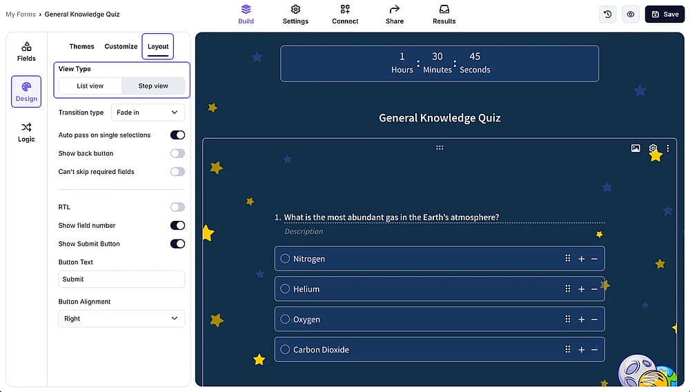 From the ‘Design’ section, you can also select the view type of your quiz
