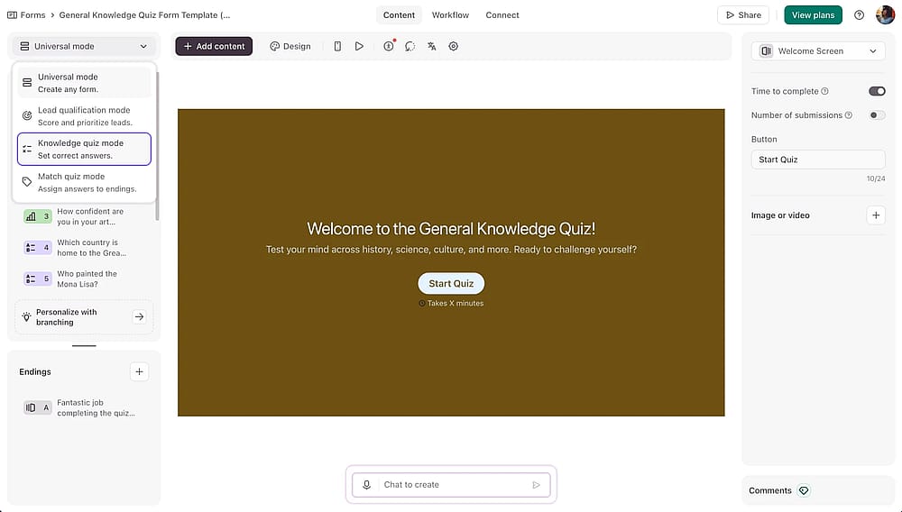 Select the ‘Knowledge quiz mode’ from the dropdown menu on the upper left side