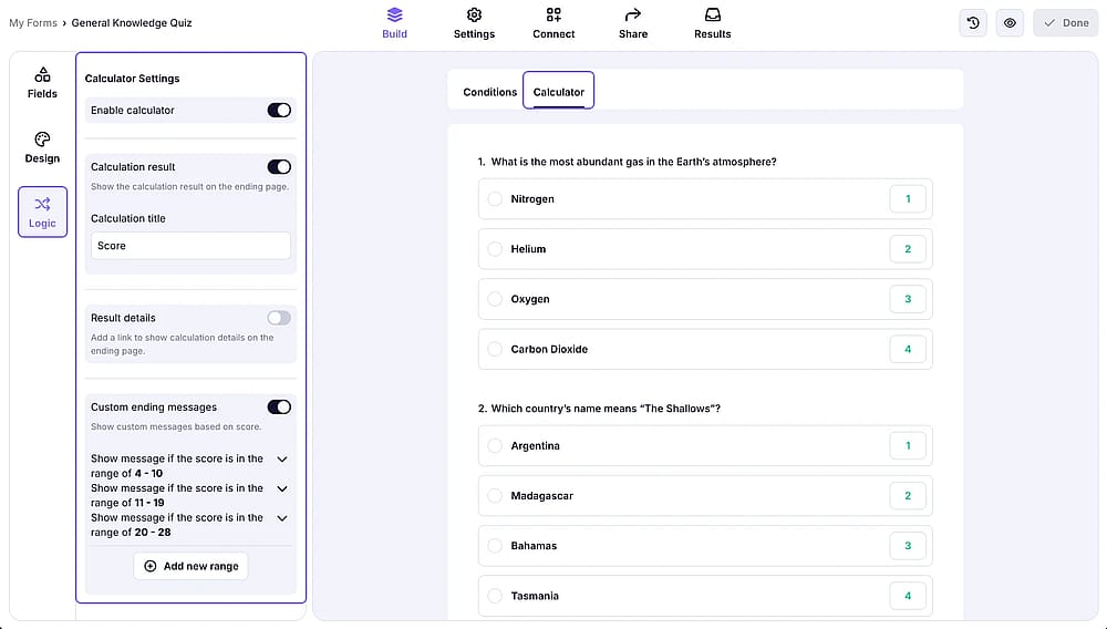 Access the ‘Logic’ tab from the left and go to the ‘Calculator’ section to set up the scoring