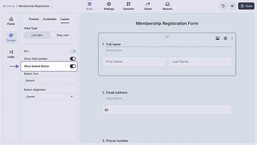 An image showing the “Show Submit Button” setting in the “Design” section, which allows you to show or hide the submit button of your form according to your needs