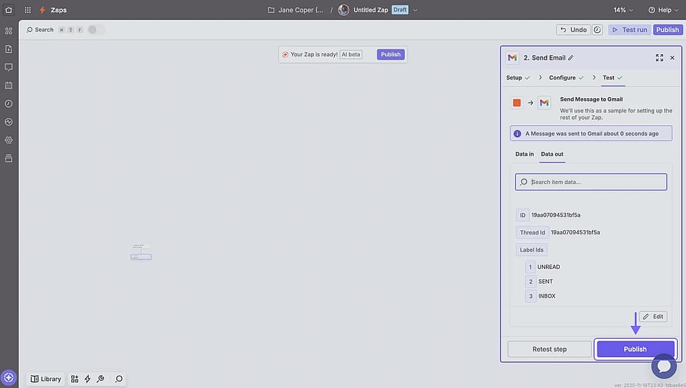 An image showing the “Publish” button that will publish your Zapier integration and automatically send your form responses to your applications