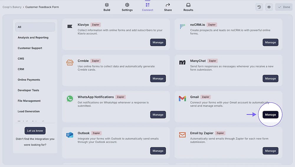 An image showing the “Manage” button you need to click to start setting up the integration
