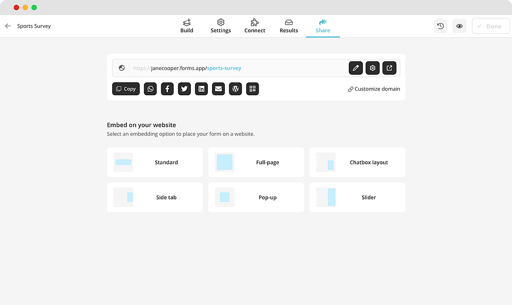 Share the survey link, generate a QR code, or embed it on a web page