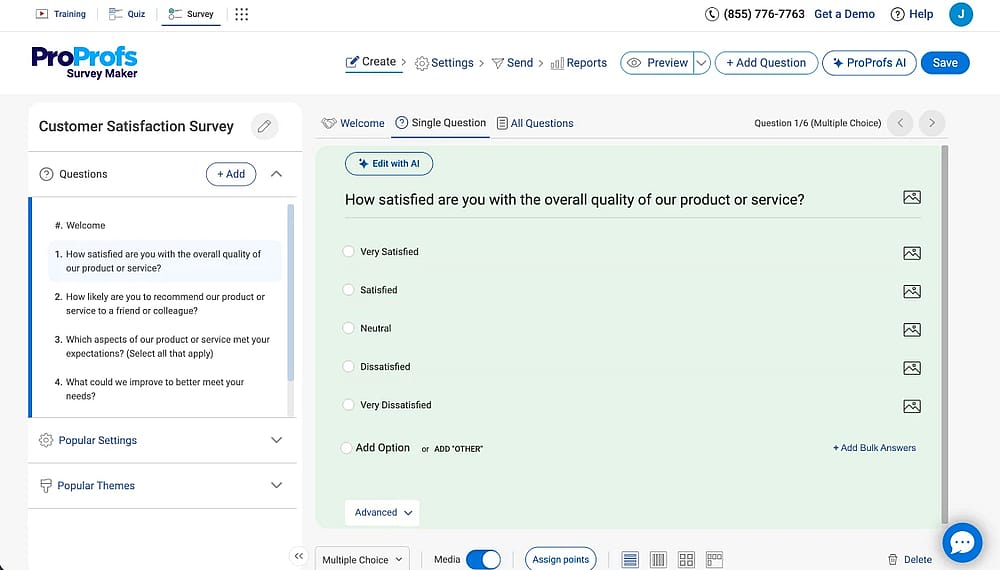 Workspace of ProProfs Survey Maker
