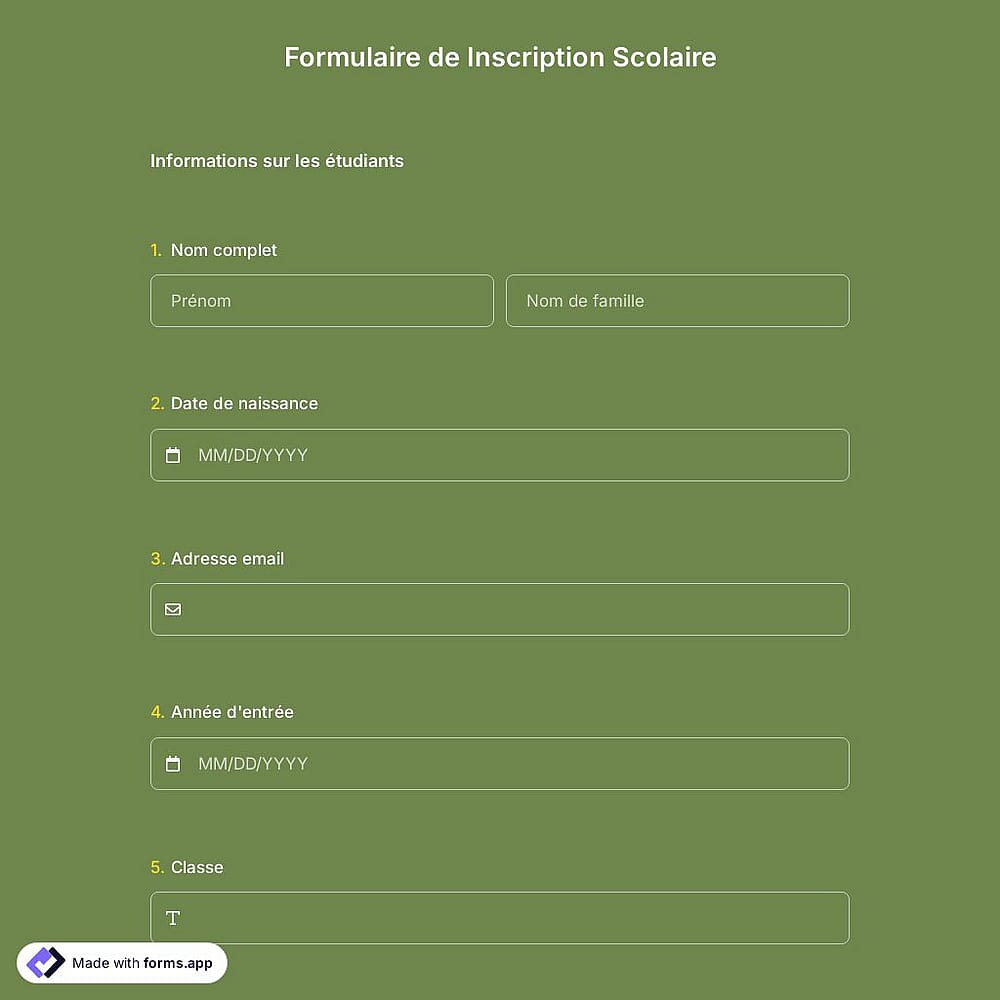 Modèle de formulaire d'inscription scolaire
